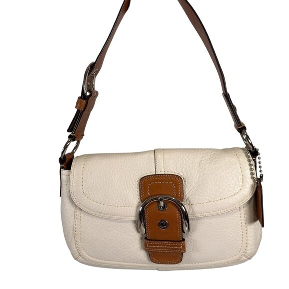 Y2K Coach Soho White Pebble Leather Brown Trim Buckle Shoulder Hobo Bag F13105